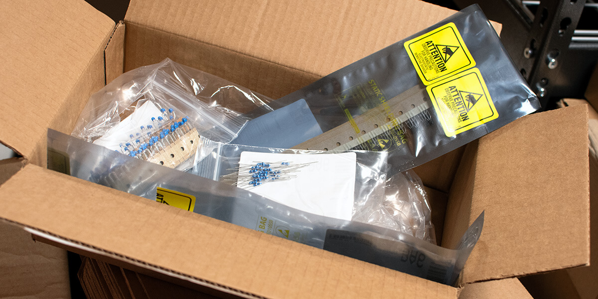 Electronic components in a shipping box